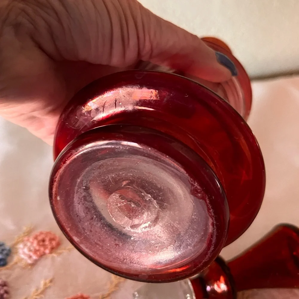 Vintage Ruby Red Decanter with Stopper Bohemian Style Glass Floral Etched Design